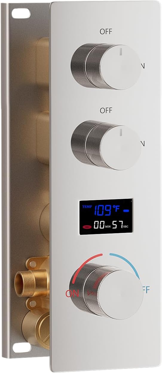 Concealed Mount Brass Shower Valve, Digital Temperature Display, Flow Control Mixing Valve, 2 Function, Chrome