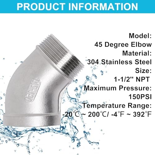 1PCS 45 Degree Elbow Fittings, 1-1/2" NPT Male to 1-1/2" NPT Female 304 Stainless Steel Pipe Fitting, Connector Coupler Apply to Outdoor Garden Industrial