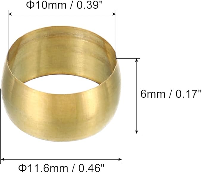 PATIKIL 10mm Tube OD Brass Compression Sleeves Ferrules, 50 Pack Brass Ferrule Fitting Brass Compression Fitting Assortment Kit for Air Water Gas Pipe