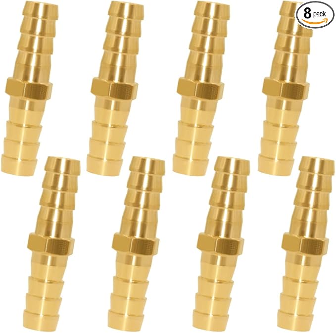 8PCS Brass 1/4"OD Barb Splicer Mender Hose Barb Fitting Straight 2-Way Union Garden Hose Repair Fittings for Water/Oil/Gas