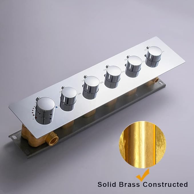 AYIVG 6 Handles 5 Functions Brass 5 Way Shower Diverter Thermostatic Valve Pressure Balanced Mixer with Trim Can Use All Function At a Time Flow Can Be Controlled Chrome