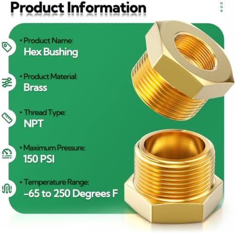 TAISHER 6PCS Brass Reducer Hex Bushing Threaded Pipe Fitting 3/8" NPT Male x 1/4" NPT Female Adapter