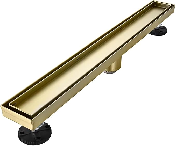 Linear Shower Floor Drain, Brushed Gold 30 Inch 304 Stainless Steel Bathroom Drains Kit, Rectangular Shower Trench Drain with Reversable Tile-in Pattern Drain Cover & Hair Catcher