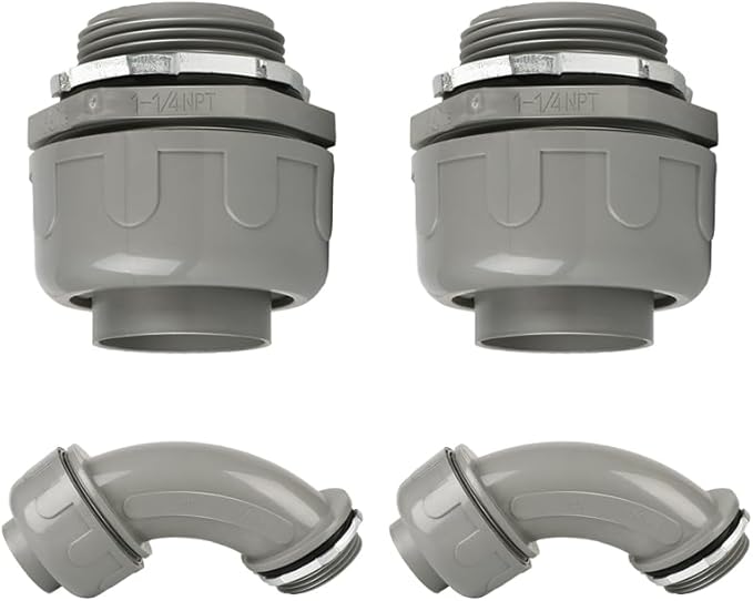 Conduit Connectors, 1-1/4 Inch Liquid Tight Connector NPT Non-Metallic for PVC Electrical Flexible Conduit Fittings, 2 Straight and 2 Angle 90 Degree, UL Listed, Grey (4-Pack)