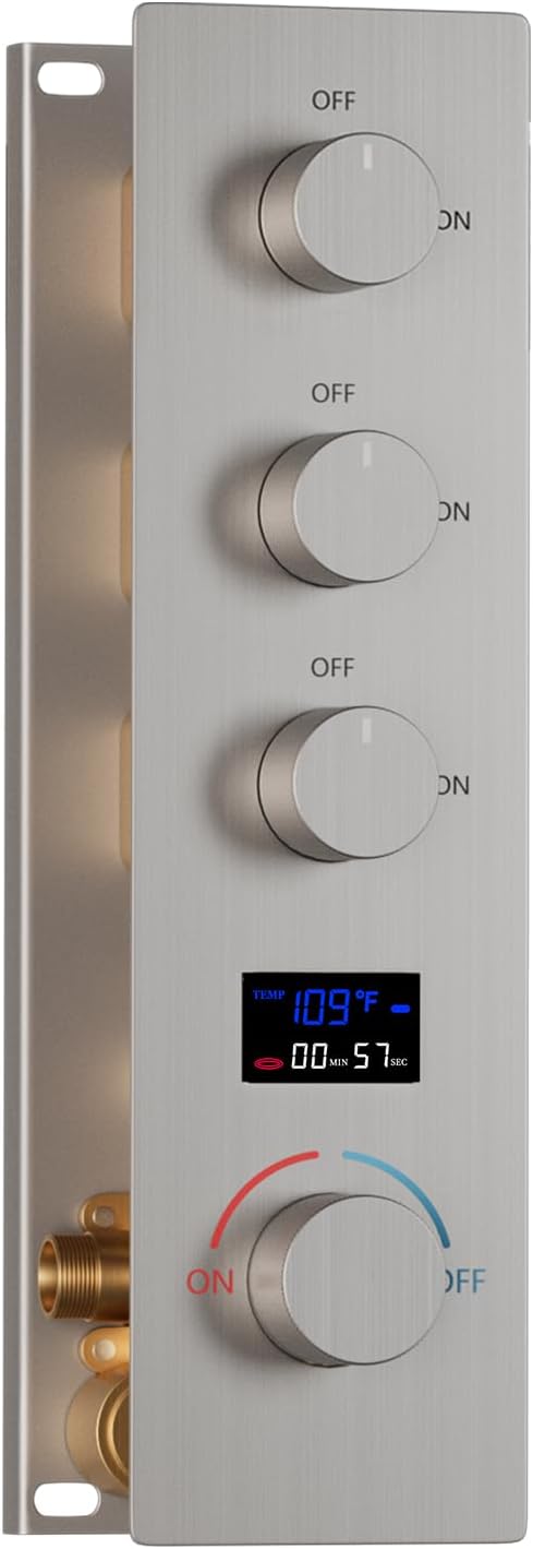 Shower Valve Concealed Shower Mixing Faucet with Temperature Display Function, Flow Control Brass Diverter Valve Kit, 3 Function Can Be Activated Simultaneously, Brushed Nickel