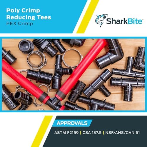 SharkBite 3/4 x 3/4 x 1/2 Inch Poly Crimp Reducing Tee, Pack of 5, PEX Pipe, PE-RT, UP412A5
