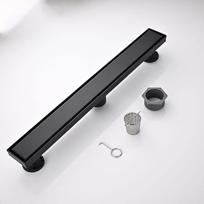 Linear Shower Floor Drain, Black 42 Inch 304 Stainless Steel Bathroom Drains Kit, Rectangular Shower Trench Drain with Reversable Tile-in Pattern Drain Cover & Hair Catcher