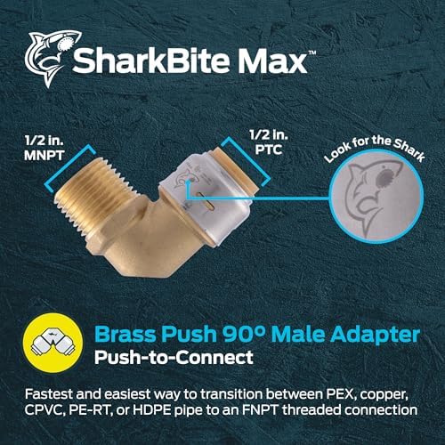 SharkBite Max 1/2 Inch x 1/2 Inch 90 Degree Male Adapter Elbow, Push to Connect Brass Plumbing Fitting, PEX Pipe, Copper, CPVC, PE-RT, HDPE, UR280A