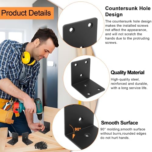 30 Pack Black Angle Brackets, 2" x 2" Heavy Duty Corner Brace, L Shaped Shelf Bracket 90 Degree Metal Corner Bracket for Wood Furniture Cabinets Shelves