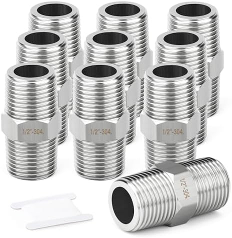 TAISHER 10PCS 304 SS New Hex Nipple,1/2" NPT Male, Pipe Adapter Fitting