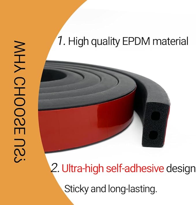 Double-Hole Rubber Weather Stripping, Self-Adhesive EPDM Rubber Seal Strip, Black, W:1" x H:1/2"", L:20Ft, for RV, Boat, Auto, Garage Door/Window, Machinery