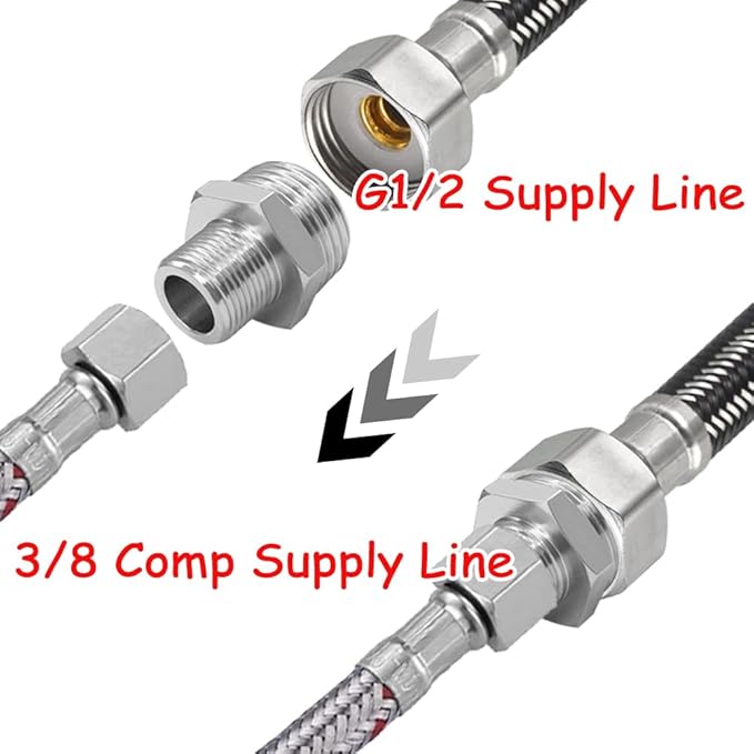 3PCS Water Line Adapter, 1/2" Male to 3/8" Male Reducer Connector, Brass Nickel Plating Compression Fitting for Kitchen Bathroom Faucet Supply Line Hose Stop Valve
