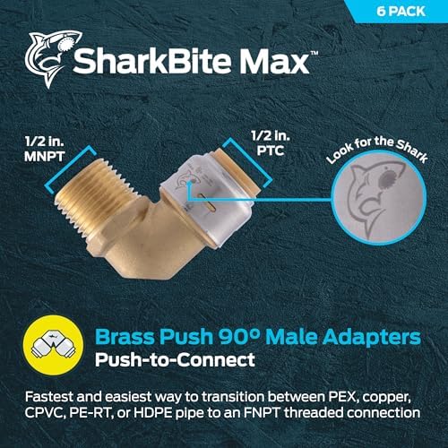 SharkBite Max 1/2 x 1/2 Inch 90-Degree Male Adapter Elbow, Pack of 6, Push-to-Connect Brass Plumbing Fitting, UR280