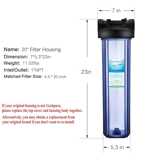 Geekpure 20 Inch Clear Whole House Water Filter Housing - 1" NPT Brass Port (1)