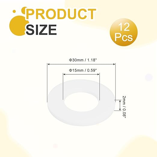 MECCANIXITY PTFE Flat Washers, 12Pack 30mm OD 15mm ID 2mm Thick Sealing Spacer Gasket Ring for Faucet Pipe Hose Bolt Machinery, White