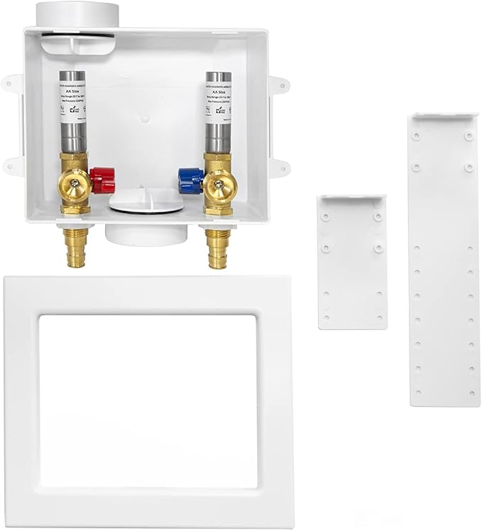 EFIELD Washing Machine Outlet Box, 1/2" Pex-A F1960 Expansion Connection x 3/4" MHT Connection, Stainless Steel Water Hammer Arrestor, Center Drain with 1/4 Turn Valves Installed,(WM008)