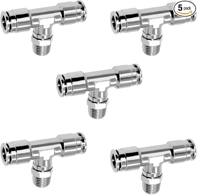 Beduan Push to Connect Tube Fitting Union Tee, Copper Nickle-Plated 1/4" Tube OD x 1/4" NPT Male Thread Shaped Union Adapter Fitting (Pack of 5)