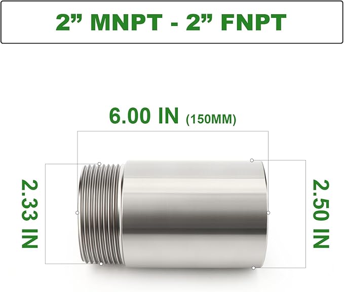 TAISHER 1PCS Stainless Steel Pipe Fittings, 2" NPT Male x 2" NPT Female Threaded, 6" Length Nipple Cast Pipe