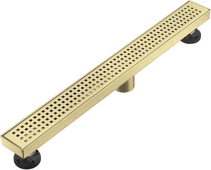 Linear Shower Floor Drain, Brushed Gold 28 Inch 304 Stainless Steel Bathroom Drains Kit, Long Rectangular Shower Trench Drain with Square Pattern Drain Cover & Hair Catcher