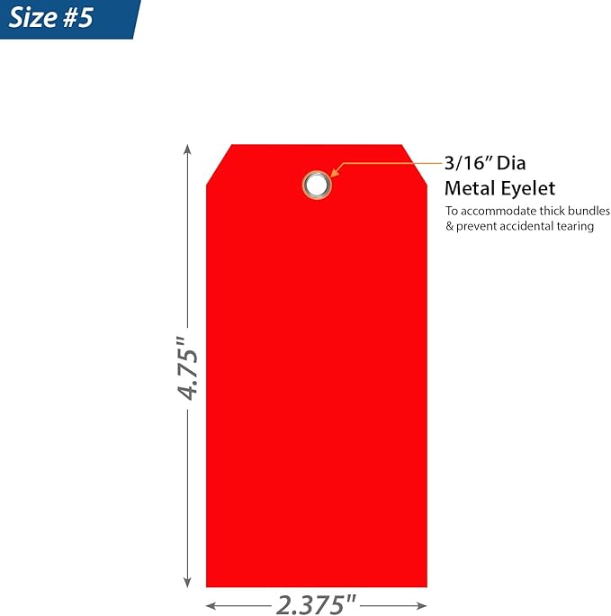 SmartSign Red Plastic Tags with Pre-Punched Hole, 100-Pack, 4.75 x 2.375 inch, Size#5, 10 mil Thick Tear-Proof Polylith Plastic Tags with Metal Eyelet, Writable Blank Tags for Shipping, Labeling
