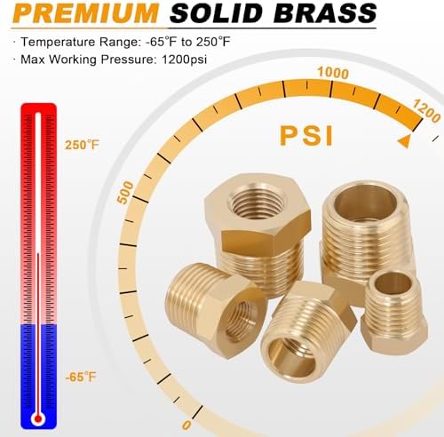 KOOTANS 25PCS Brass Hex Bushing Kit Brass Fittings Assortment 1/4" to 1/8", 3/8" to 1/8", 3/8" to 1/4", 1/2" to 1/4", 1/2" to 3/8" NPT Reducer Pipe Fittings Adapter Fitting