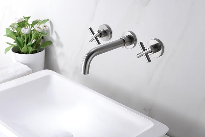 sumerain Wall Mount Bathroom Faucet Nickel,Cross Handles and Rough-in Valve Included
