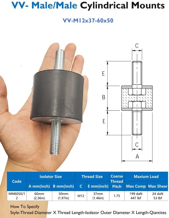 M12 Rubber Vibration Isolator Mounts Double Stud Shock Absorber Isolation Anti Vibration Silent-Blocks for Car Boat Bobbins Motors Compressors Pumps, 4pcs M12x37-60x50mm with 8pcs LockNuts