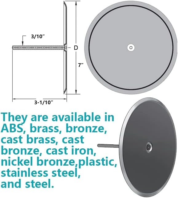 7" Decorative Cleanout Access Covers Plate, Flat Design Cover and Seals CO2530-SS7 For Back Deck Drains and Plug Hole with Large Center Securing Screw, Stainless Steel, Round