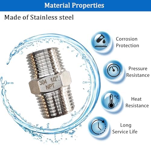 1/2" NPT Stainless Steel Hex Nipple, 4PCS Male to Male Pipe Fitting Adapter