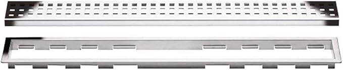 All-in-one Waterproof Linear Shower Drain Kit with 48 Inch Center Outlet Channel Body (KL1V60E120) and Drain Grate Assembly (Cover) in Square Design with Chrome Finish (KL1B19EP120)