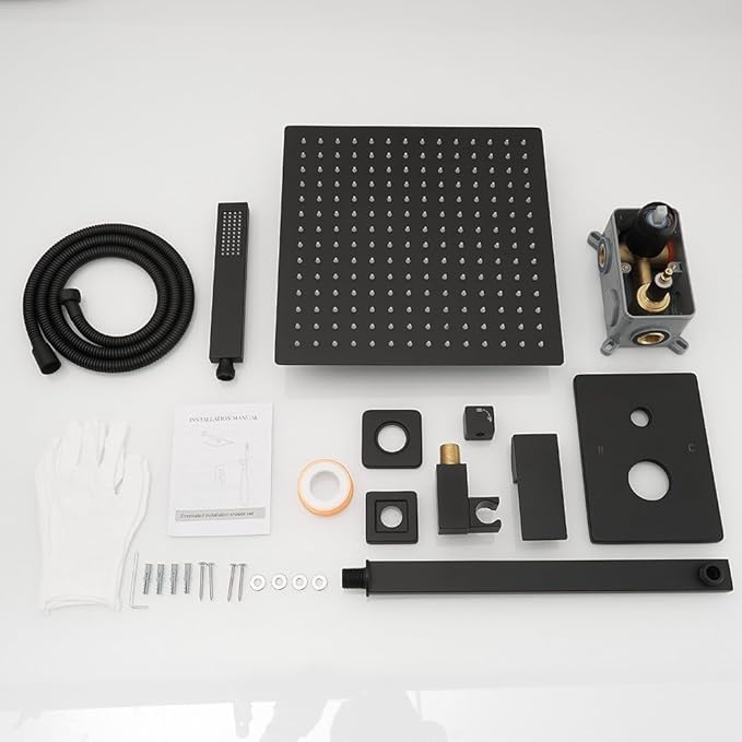 Matte Black Shower System 12 Inch Bathroom Luxury Rain Mixer Shower Combo Set Wall Mounted Rainfall Shower Head and Handheld System Shower Faucet Set Rough-in Valve Body and Trim Kit