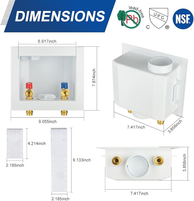 EFIELD Washing Machine Outlet Box, 1/2-inch Copper Press Inlet with Center Drain, White,(WM055)
