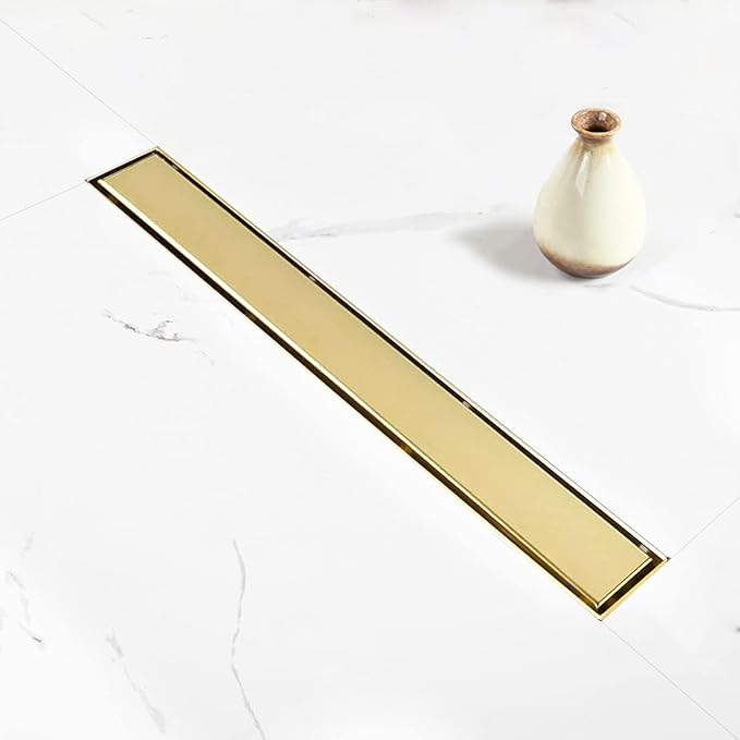 Linear Shower Drain, 40 inch Gold Drain with Tile Insert 2-in-1 Panel, Brushed 304 Stainless Steel Gold Shower Floor Drain, Linear Drain with Hair Strainer and Adjustable Feet