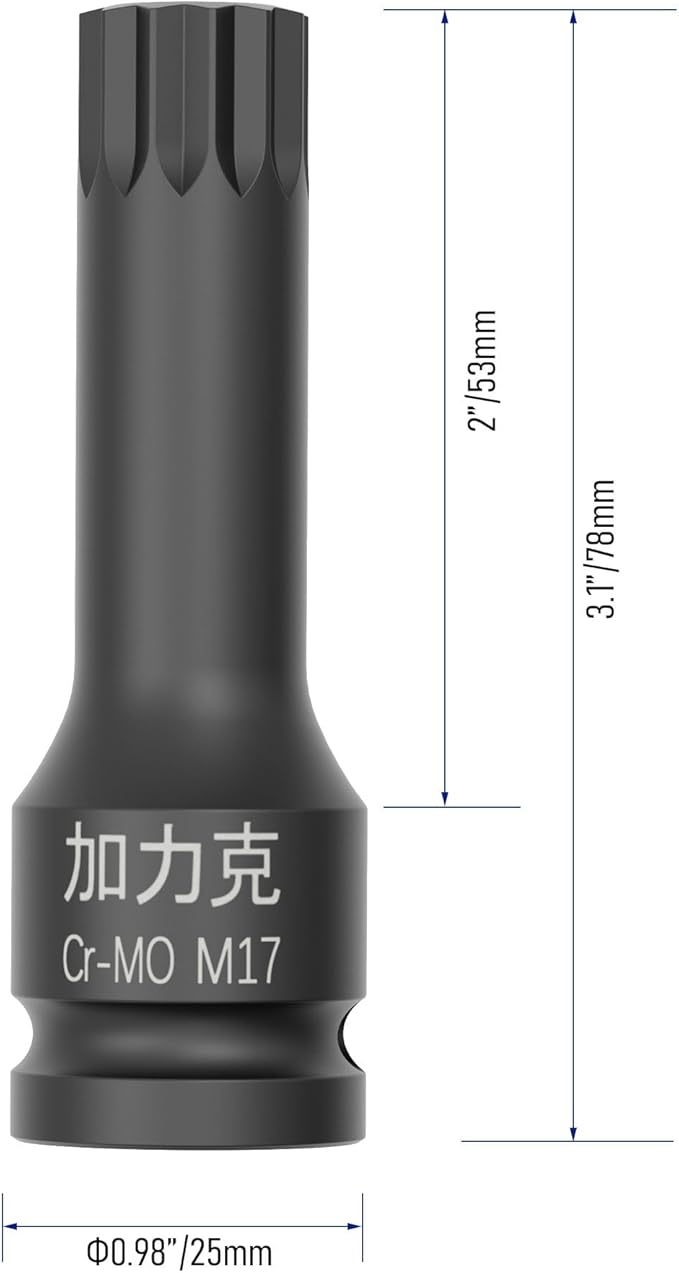 1/2-Inch Drive x M17(17mm) Impact XZN Triple Square Spline Bit Socket, Metric Lengthen Screwdriver Socket Adapter, 3-Inch Length, CR-MO Steel, One-Piece Construction, Black