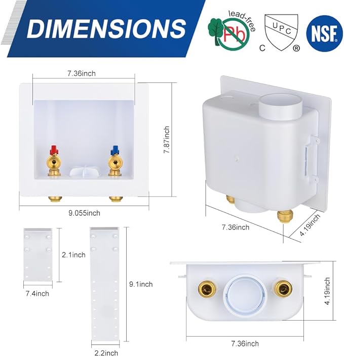 EFIELD Universal Washing Machine Outlet Box,1/2-inch Push-fit Inlet x 3/4 inch MHT Outlet Connection, Center Drain,(WM050)