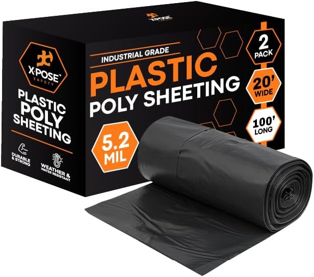 Xpose Safety Black Plastic Sheeting 2 Pack – 20' x 100' Rolls – Heavy Duty 5.2 Mil Poly Sheet – Waterproof, Dustproof, Vapor Barrier – for Construction, Painting, Industrial Use
