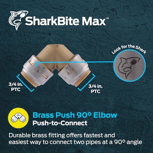 SharkBite Max 3/4 Inch 90 Degree Elbow, Push to Connect Brass Plumbing Fitting, PEX Pipe, Copper, CPVC, PE-RT, HDPE, UR256A