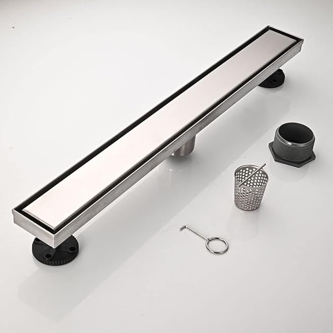 Linear Shower Floor Drain, 54 Inch Brushed Nickel 304 Stainless Steel Bathroom Drains Kit, Rectangular Shower Trench Drain with Reversable Tile-in Pattern Drain Cover & Hair Catcher
