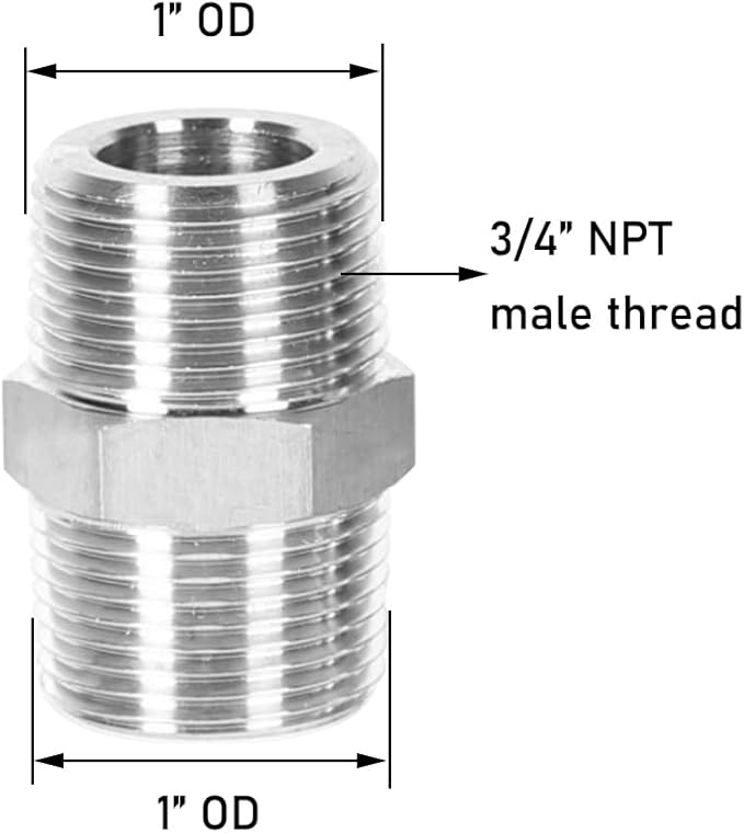 3/4" NPT Male Stainless Nipple Hex Pipe Nipple Fitting Connector (Pack of 3)