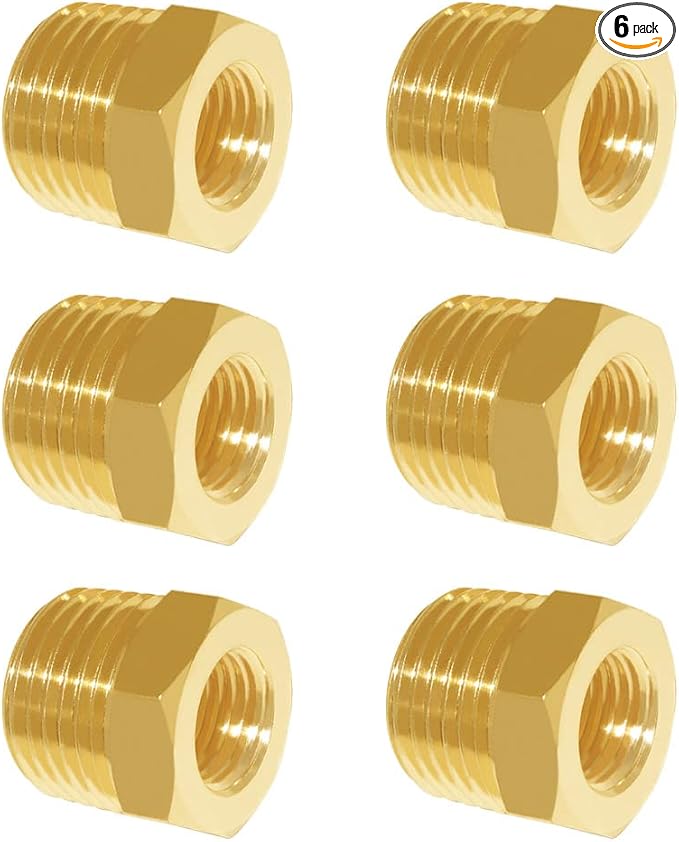 Hooshing 6PCS Brass Reducer Hex Bushing 1/2" NPT Male x 1/8" NPT Female Threaded Pipe Fitting Adapter