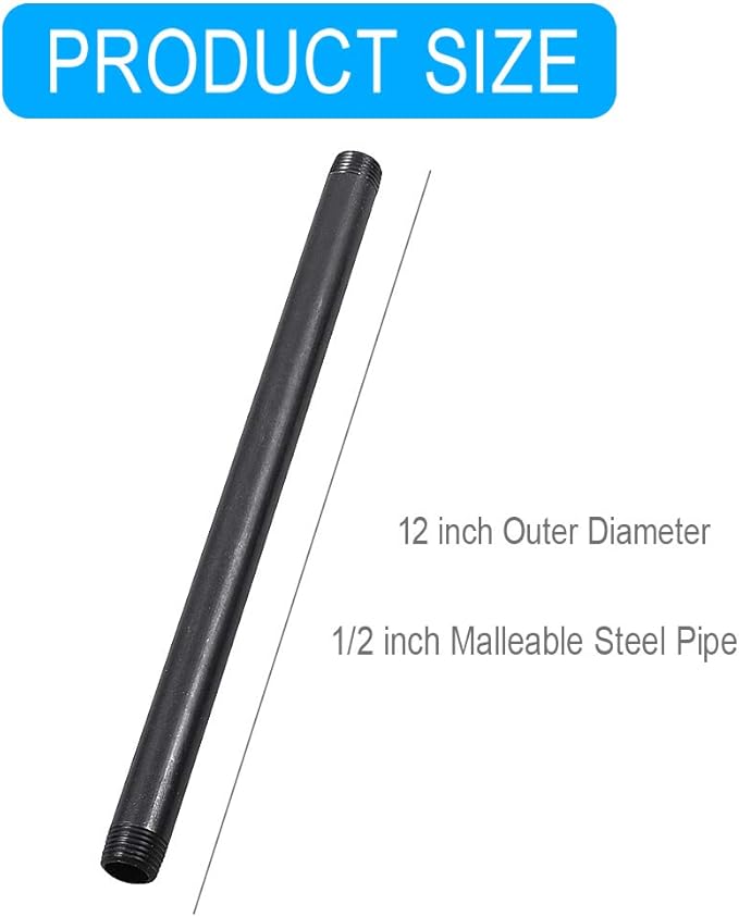 10 Pack 1/2 Inches x 12 Inches Black Malleable Steel Nipples Fitting, DIY Steampunk Industrial Vintage Style.