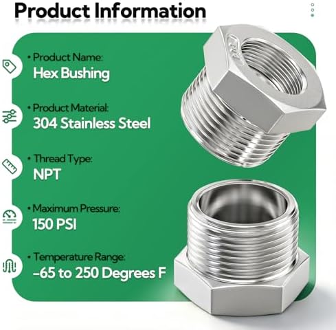 TAISHER 15PCS 304 Stainless Steel Reducer Hex Bushing, 3/8" NPT Male x 1/4" NPT Female, Reducing Pipe Adapter Fitting