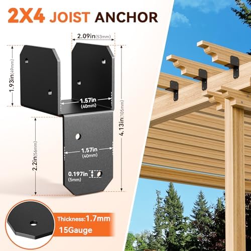 4Pcs 2x4 Joist Anchor Connector - Heavy Duty Steel Post Cap Tie Brakcet, 15 Gauge Carbon Steel, Post to Beam Connector Fits 2x4 Lumber(Actual Size 1.5"x3.5")