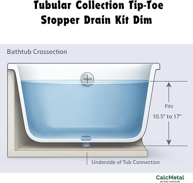 1-1/2"" White Tubular Bath Drain Kit with Tip-Toe Bath Drain Stopper, Touch-Toe Tub Drain, Tip Toe Bathtub Drain Waste and Overflow with Plug and Bathtub Overflow Drain Cove, Matte Black