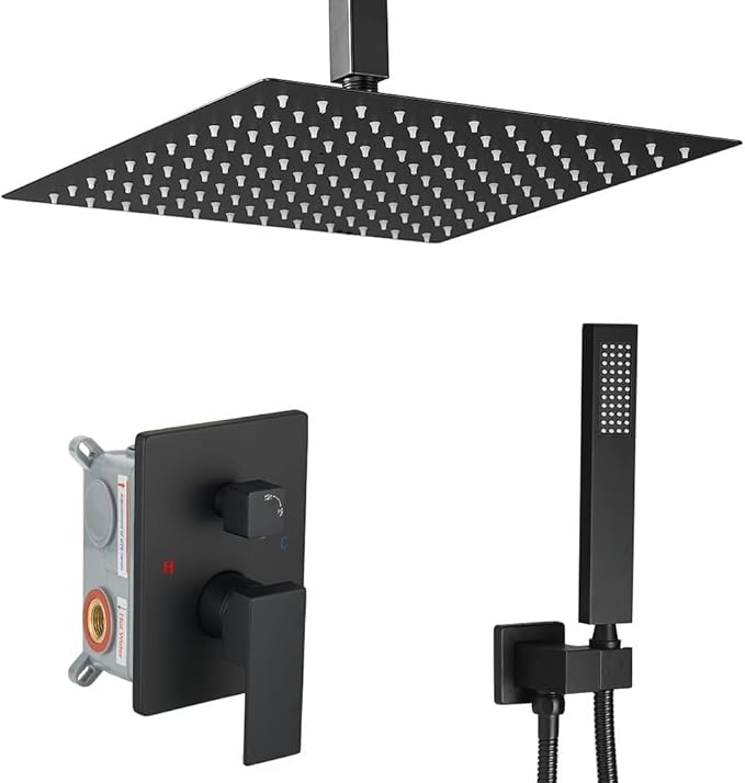 Matte Black Shower System Bathroom 16 Inch Rain Shower Head Ceiling Mount with Handheld Luxury High Pressure Shower Combo Set Shower Faucet Rough-in Valve Body and Trim Kit