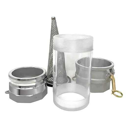 Gloxco 4" in-line Camlock Polycarbonate Sight Glass and Strainer Assembly (CAM-40-SGST-PCAL)