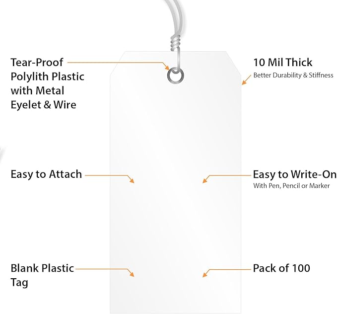 SmartSign White Plastic Tags with Pre-Attached Wires - 100-Pack, 4.75" x 2.375", Size#5, 10 mil Thick Tear-Proof Polylith Plastic Tags with Metal Eyelet, Writable Blank Tags for Shipping, Labeling