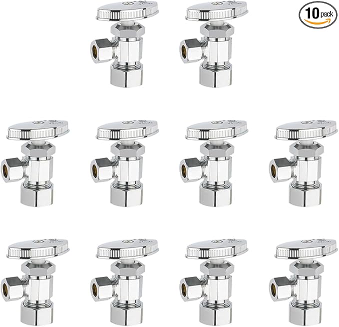 (Pack of 10) EFIELD Multi-Turn Angle Stop Valve 1/2" Nominal (5/8" OD) Compression x 3/8" OD, LF Brass Chrome Plate,(VALVE362-10PCS)