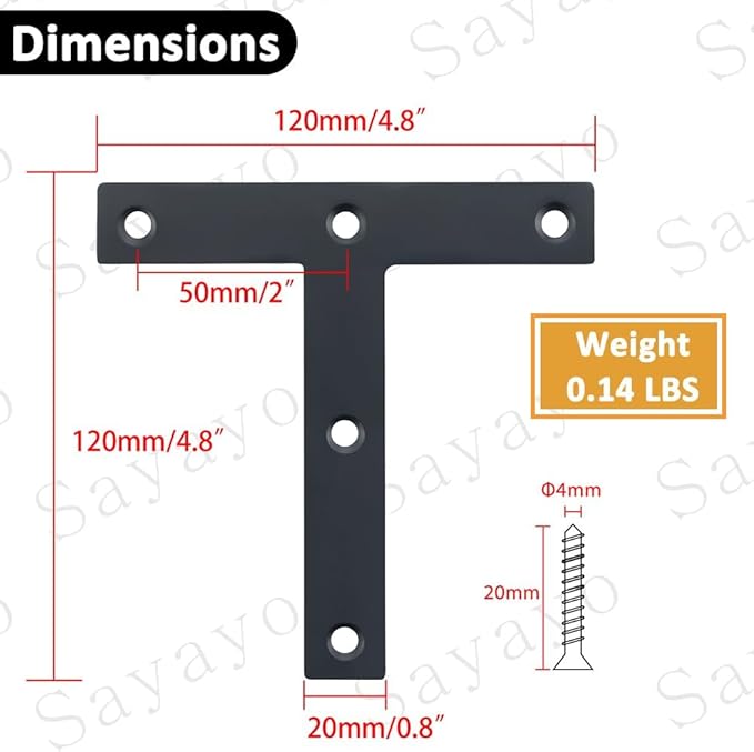 SAYAYO T Brace, 120x120mm (5" x 5") T Brackets Mending Plate Flat Repair Plates Joining Bracket Brace, Stainless Steel Matte Black, 6 Pcs