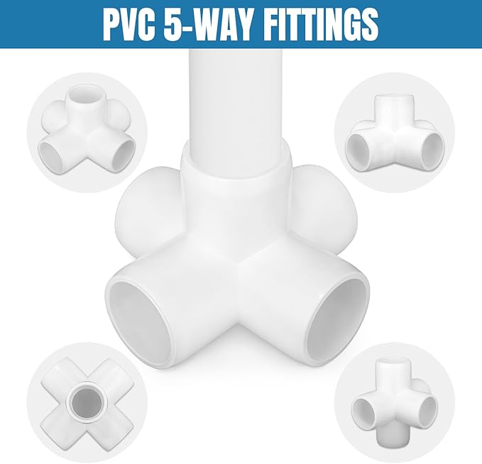 20 Pack 1/2 inch PVC Pipe Fittings, PVC 5-way Fitting Connectors, Used for Building Furniture, Furniture Grade, White